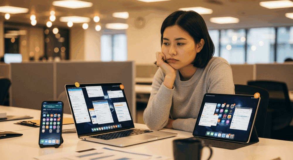 情報過多で疲れた人のイメージ