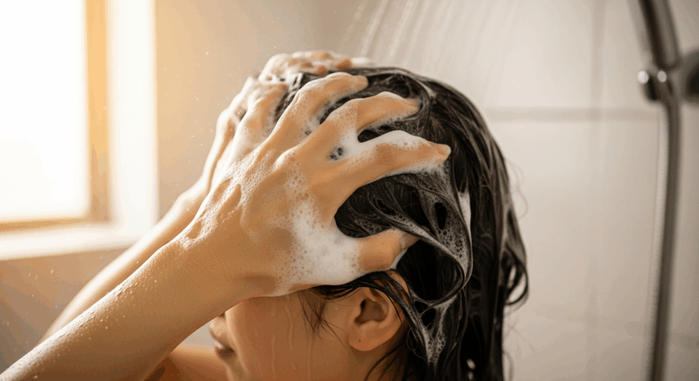 シャンプーで頭皮を洗う様子