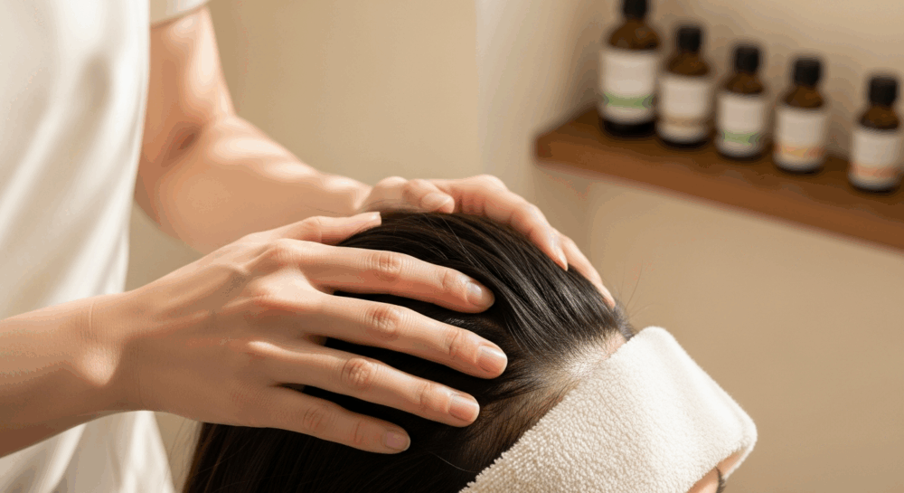 ドライヘッドスパ施術中の乾いた髪とプロの手