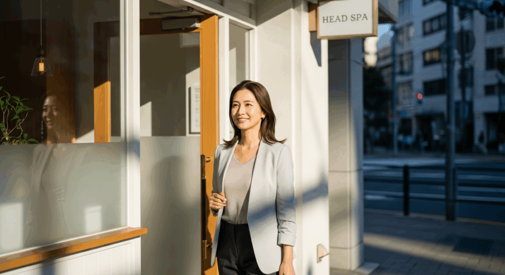 ランチタイムにヘッドスパサロンを出る女性