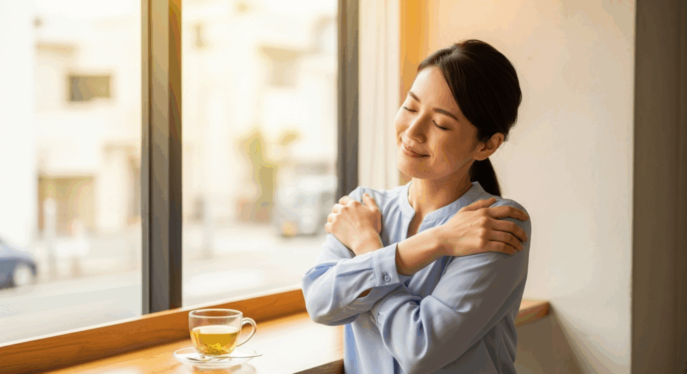 昼休みに窓辺で肩を回してリラックスする女性