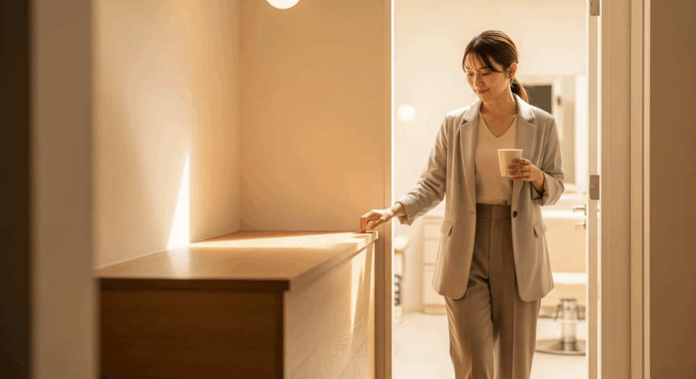 朝のヘッドスパ専門店の入口に入るオフィス女性