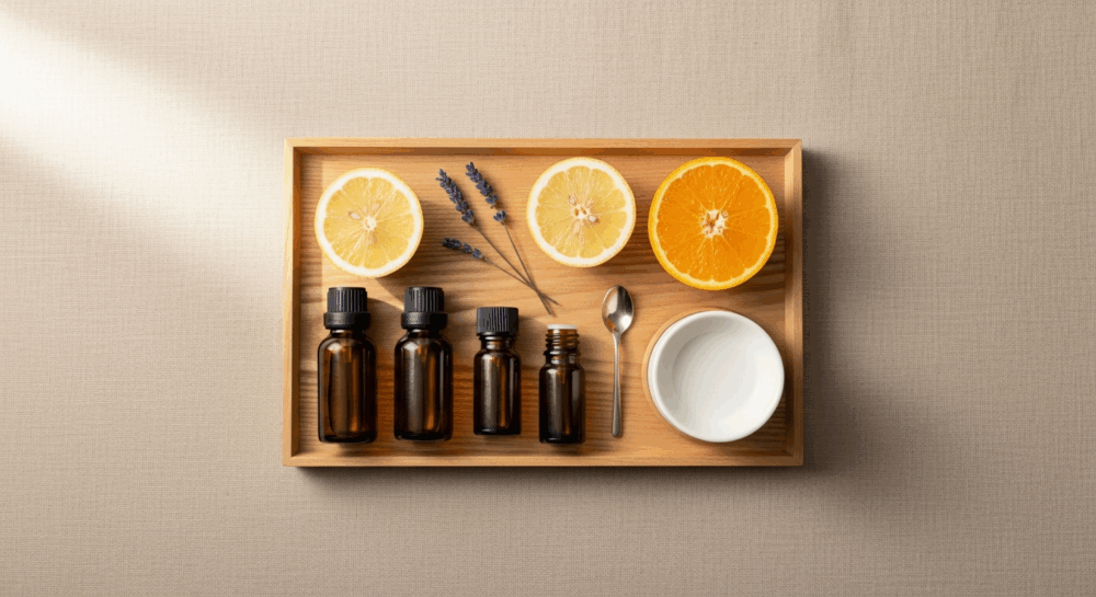 アロマ精油と柑橘・ラベンダーのフラットレイ