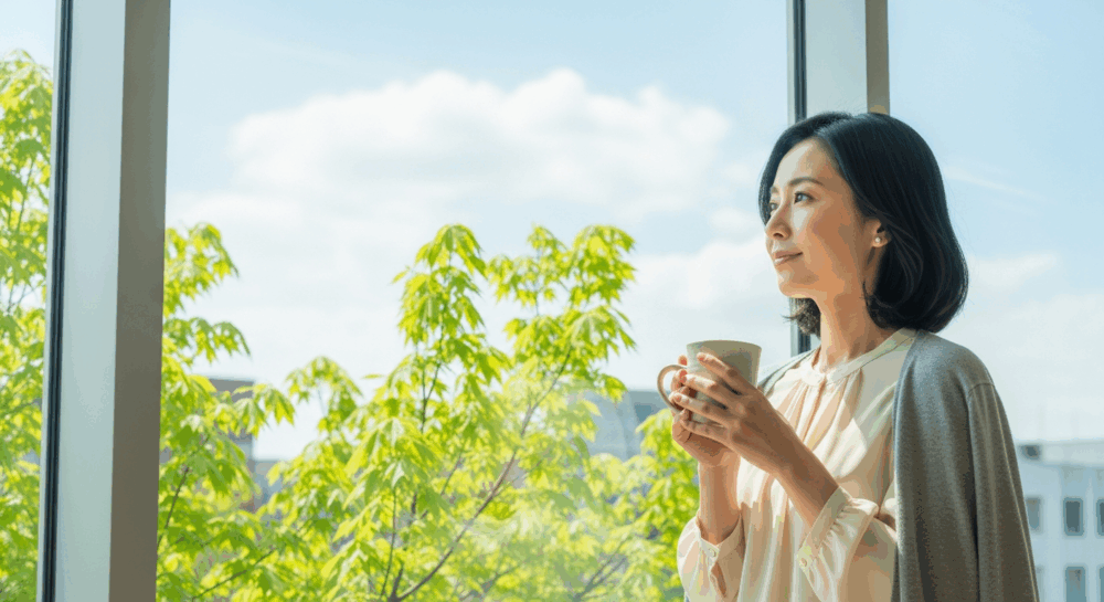 五月の青空を眺めて休憩する女性