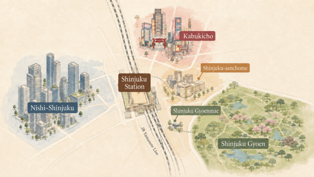 Simple Shinjuku area map showing Shinjuku Station, Shinjuku-sanchome, Shinjuku Gyoenmae, Nishi-Shinjuku, and Higashi-Shinjuku for head spa visitors