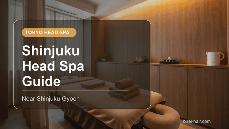 Shinjuku head spa guide near Shinjuku Gyoen with English title text