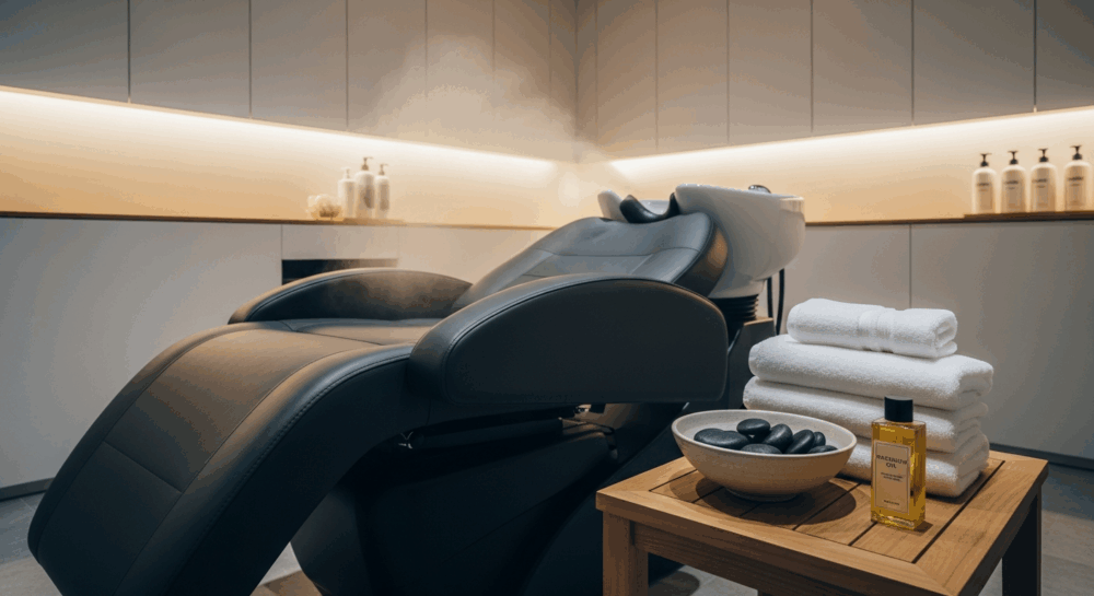 Tokyo head spa treatment scene with warm mist and towels