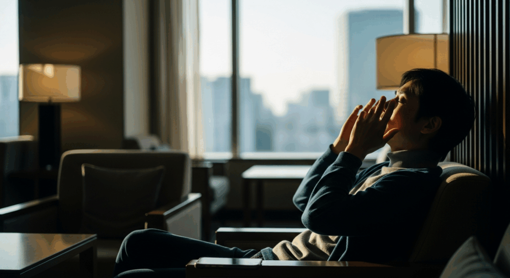 Traveler resting eyes after using a phone during a Tokyo trip
