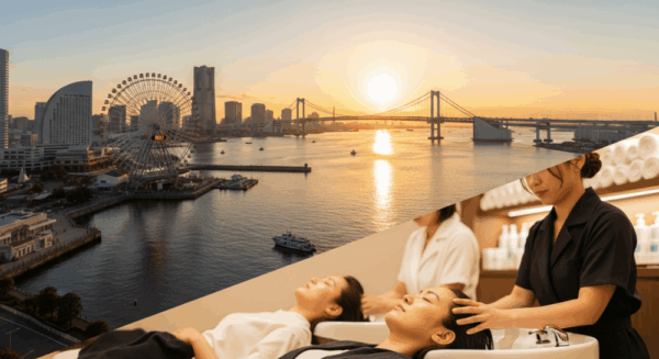 Yokohama waterfront skyline with couples enjoying head spa treatment