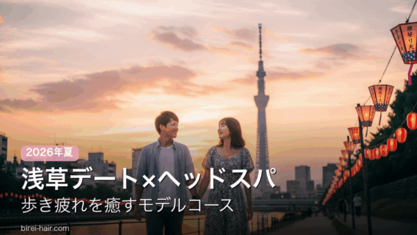 浅草デートで隅田川沿いを歩くカップルとスカイツリー ヘッドスパ休憩モデルコース
