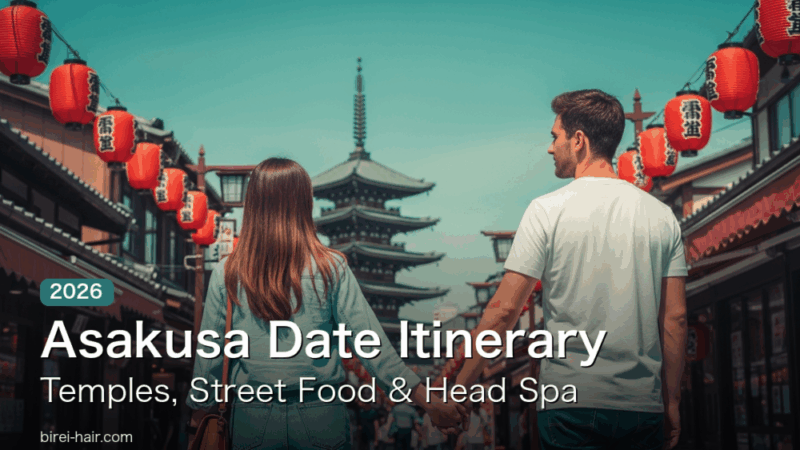 Couple holding hands on a lantern-lined street in Asakusa with the five-story pagoda - Asakusa date itinerary